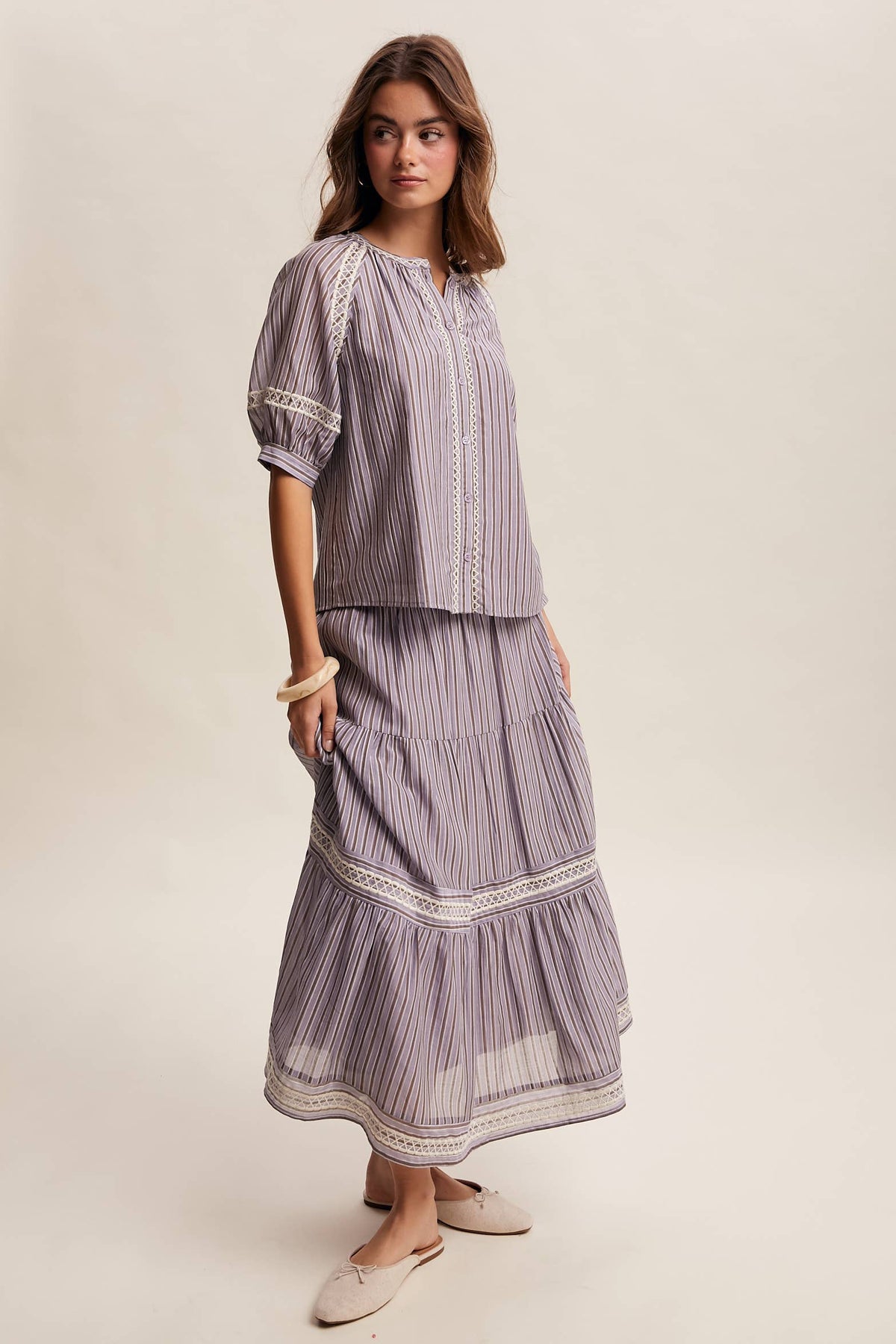 Striped Blouse with Embroidery Accents LT1462