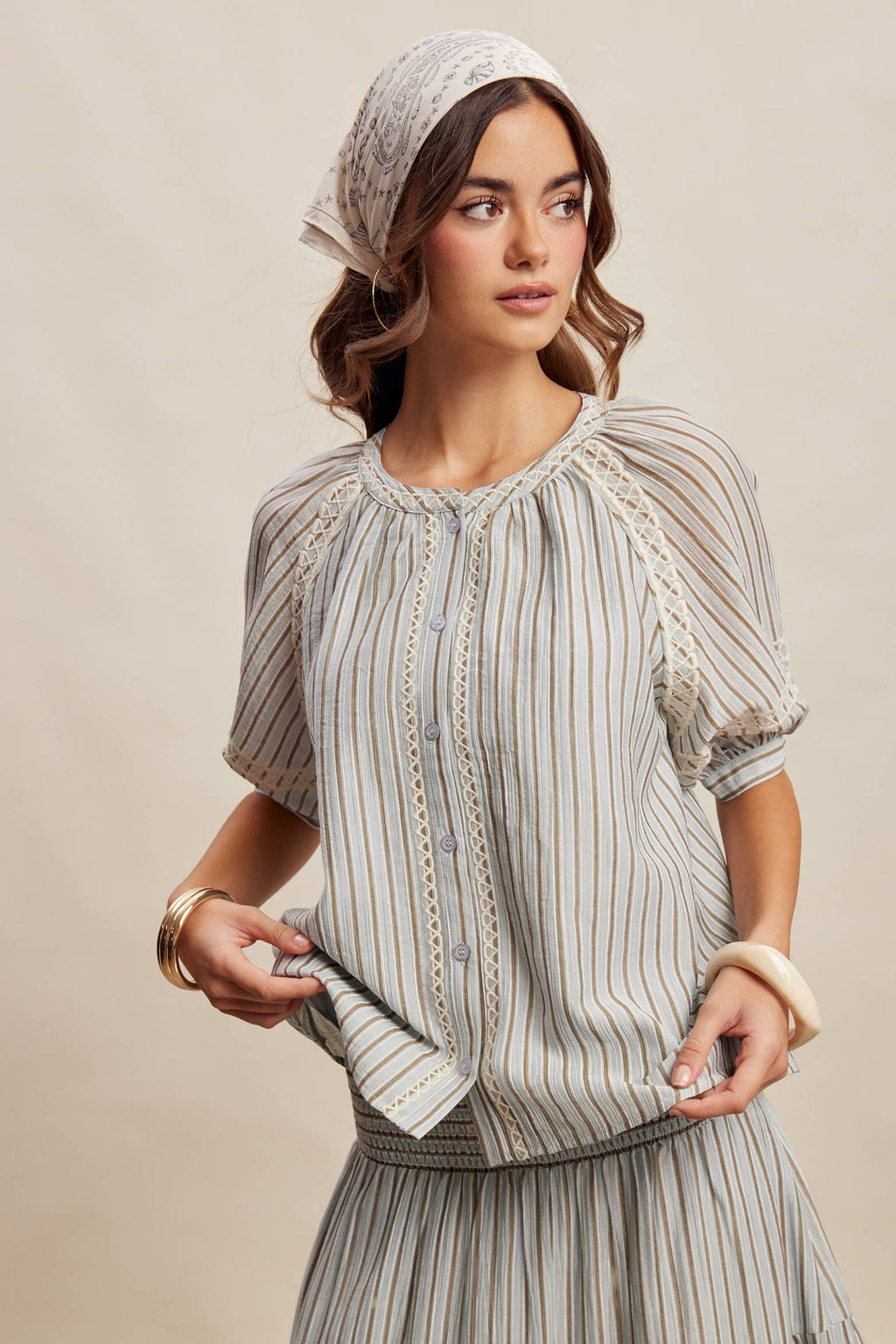Striped Blouse with Embroidery Accents LT1462