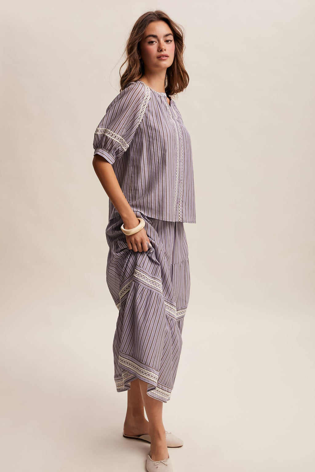 Striped Blouse with Embroidery Accents LT1462