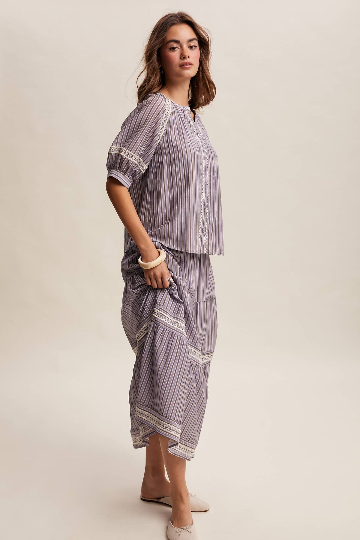 Striped Blouse with Embroidery Accents LT1462