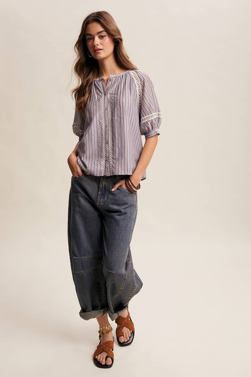 Striped Blouse with Embroidery Accents LT1462