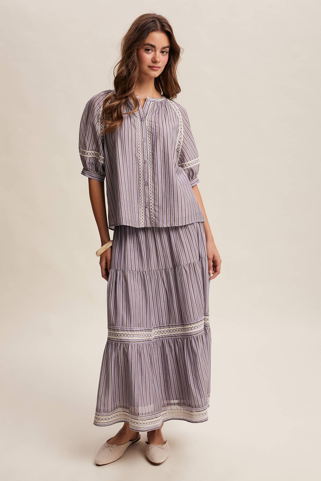 Striped Blouse with Embroidery Accents LT1462