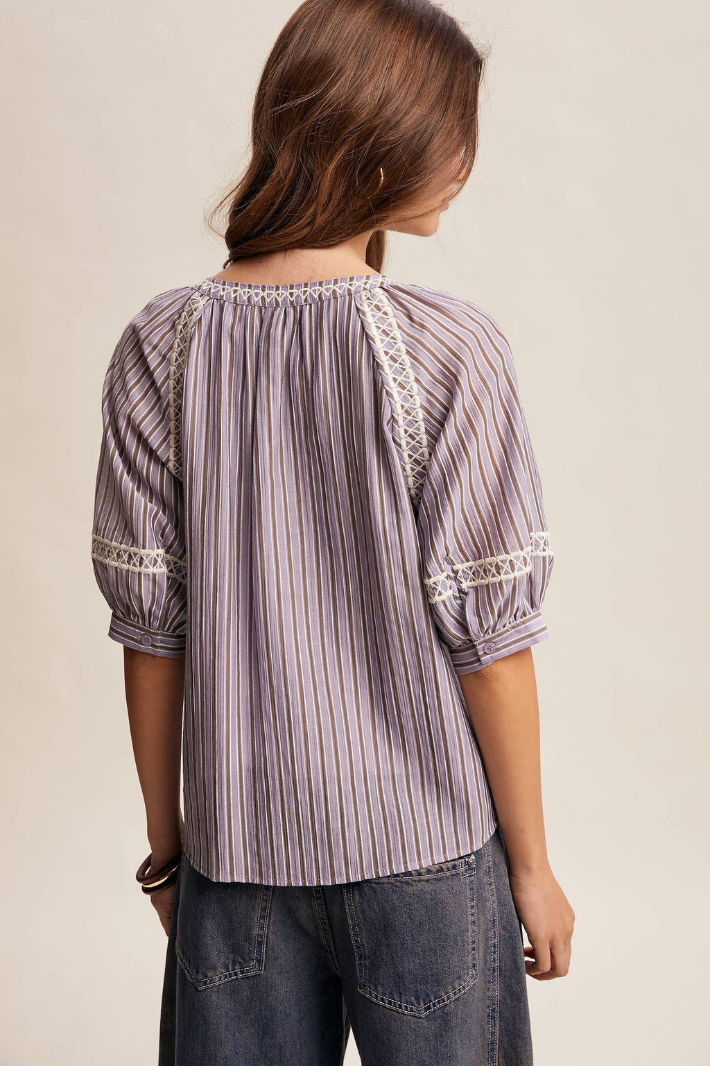 Striped Blouse with Embroidery Accents LT1462