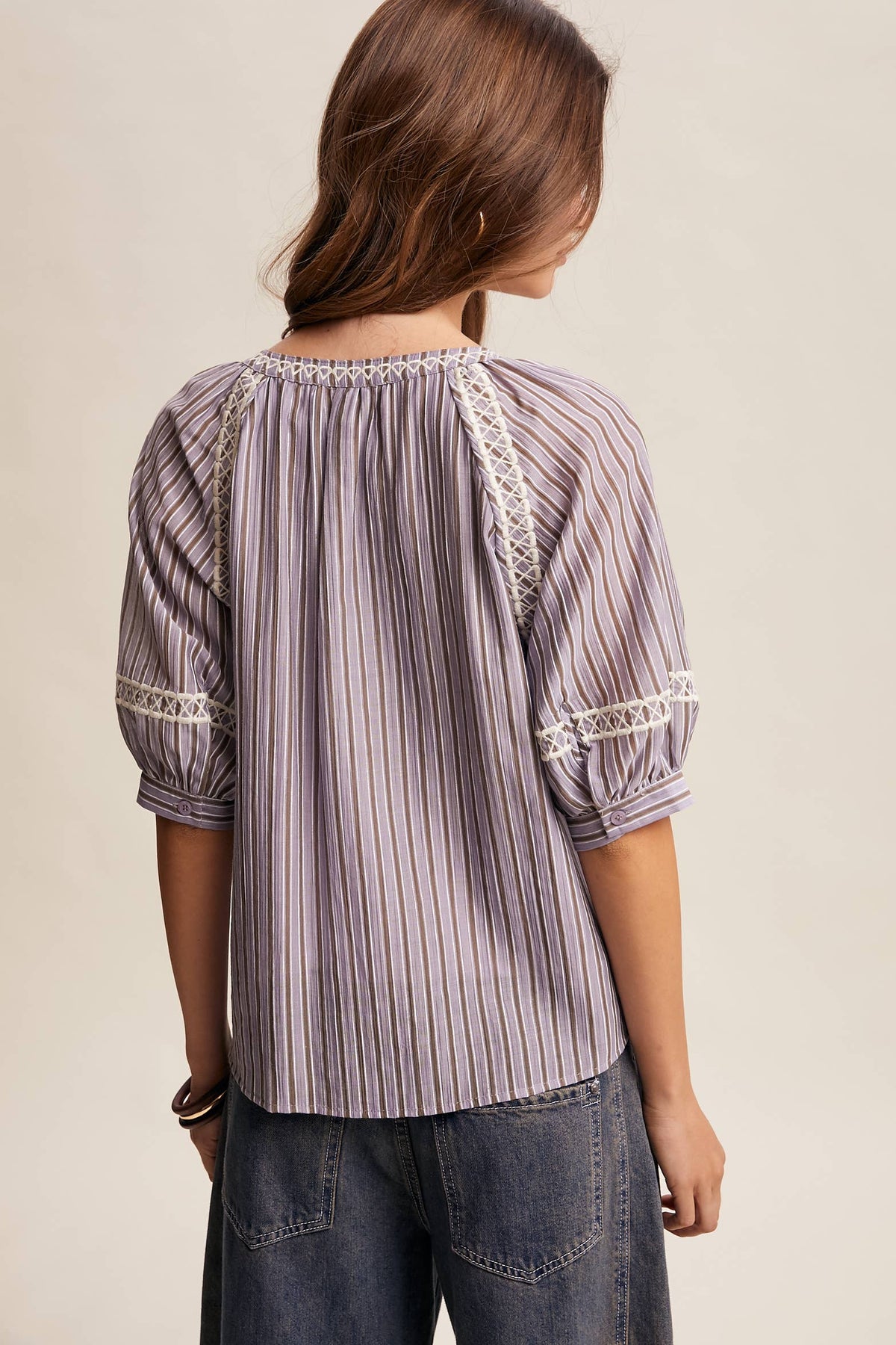 Striped Blouse with Embroidery Accents LT1462