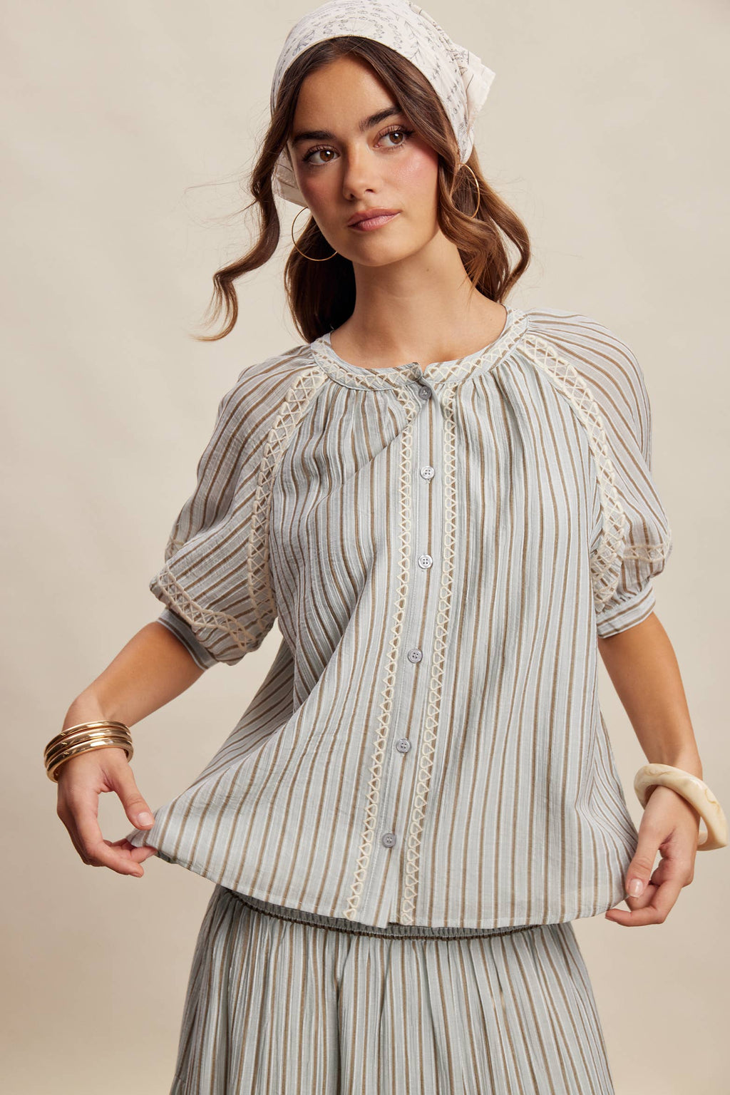 Striped Blouse with Embroidery Accents LT1462