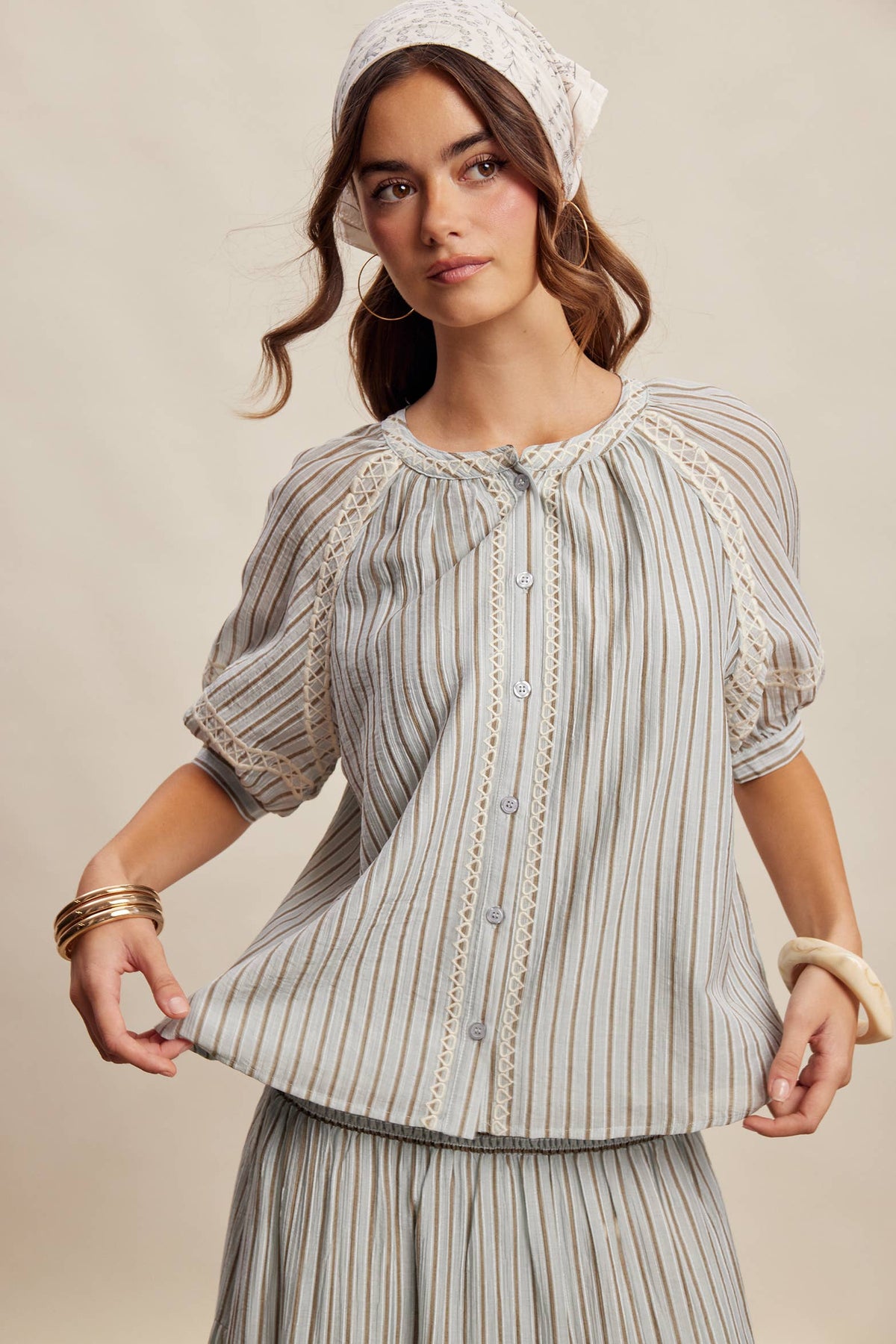 Striped Blouse with Embroidery Accents LT1462