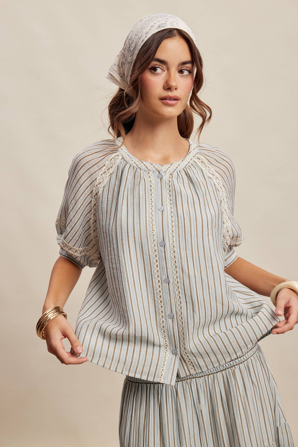 Striped Blouse with Embroidery Accents LT1462