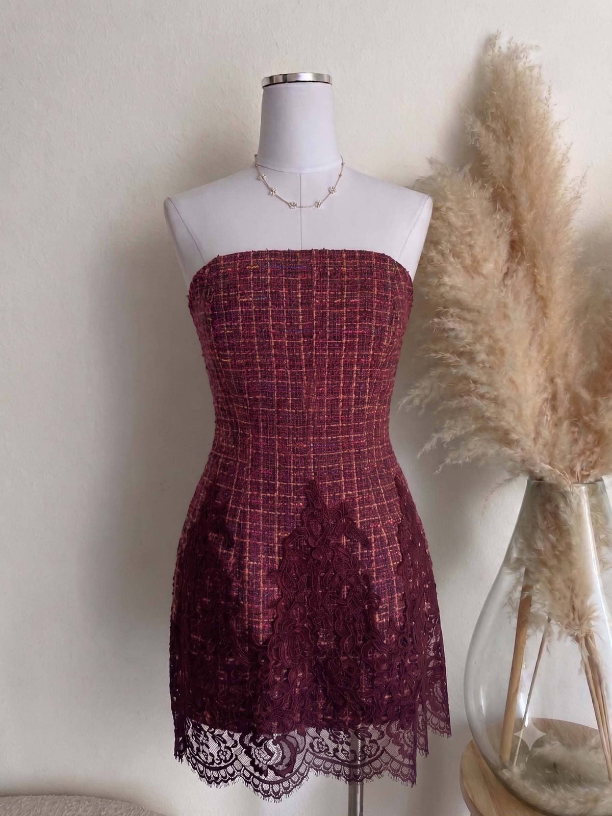 STRAPLESS TWEED ROMPER WITH LACE