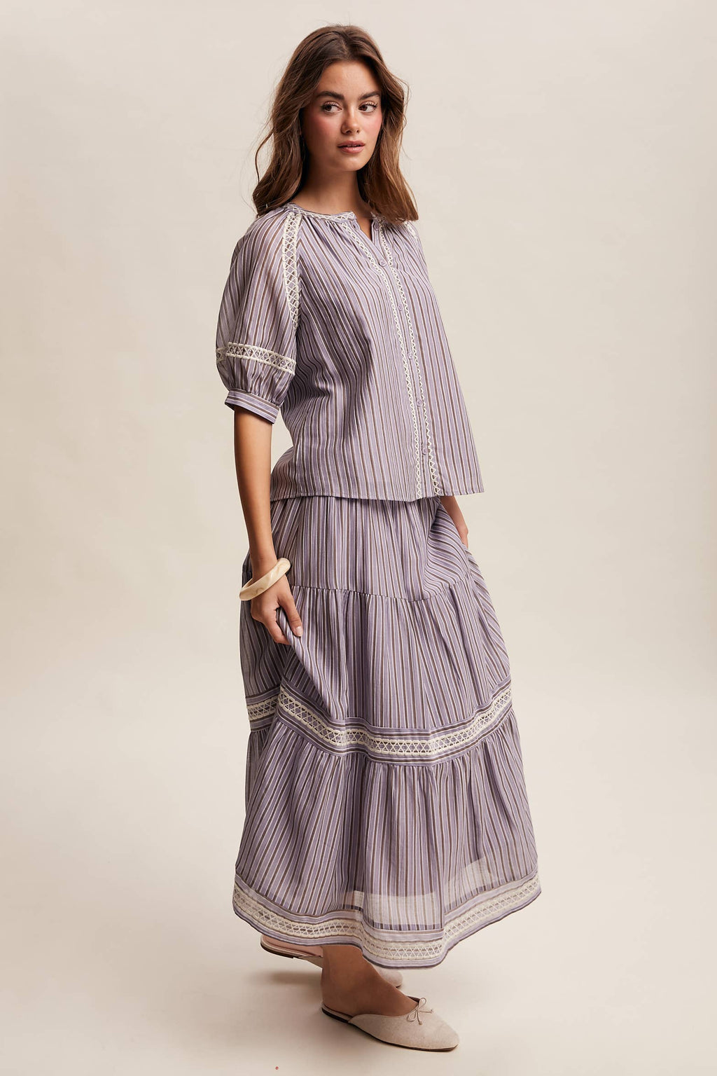 Striped Blouse with Embroidery Accents LT1462