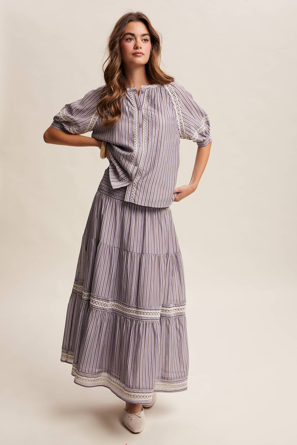 Striped Blouse with Embroidery Accents LT1462