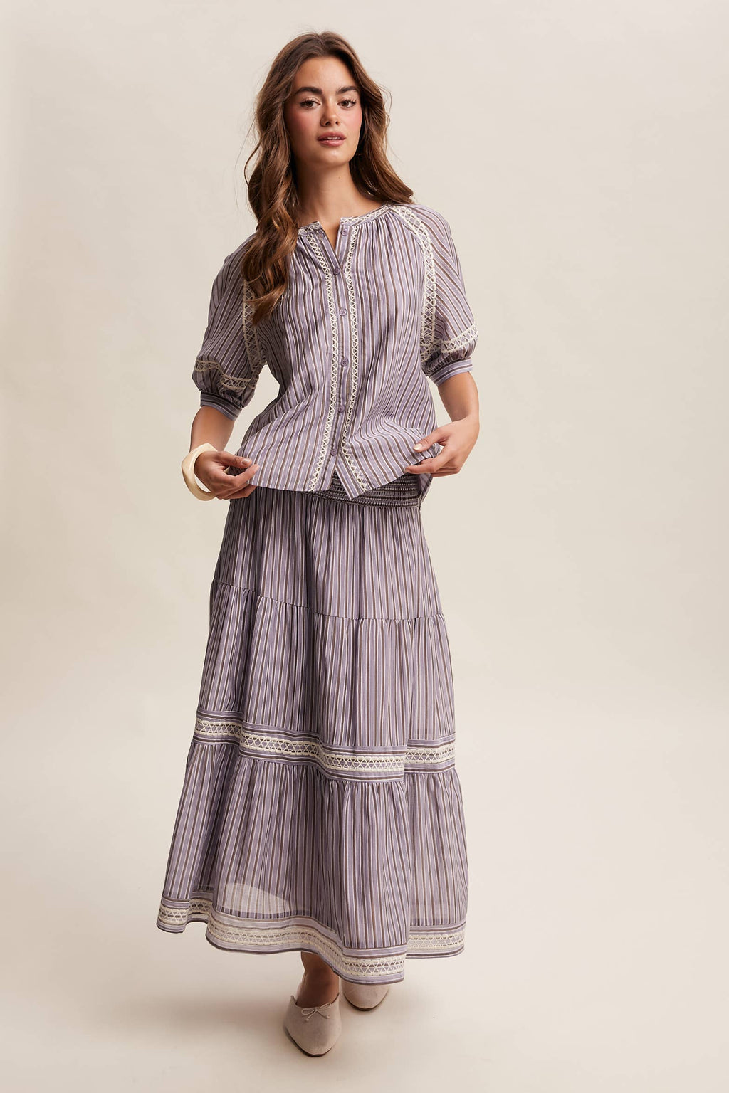 Striped Blouse with Embroidery Accents LT1462