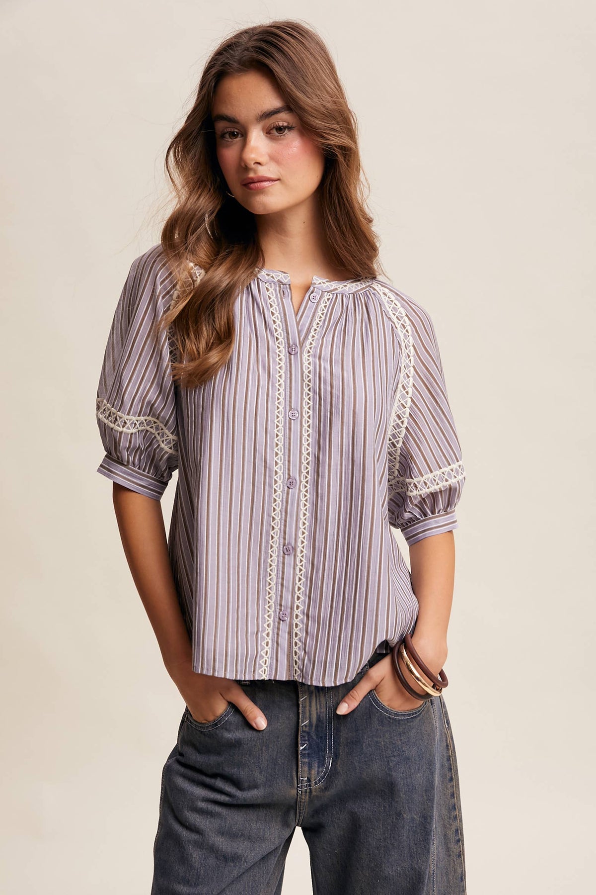 Striped Blouse with Embroidery Accents LT1462