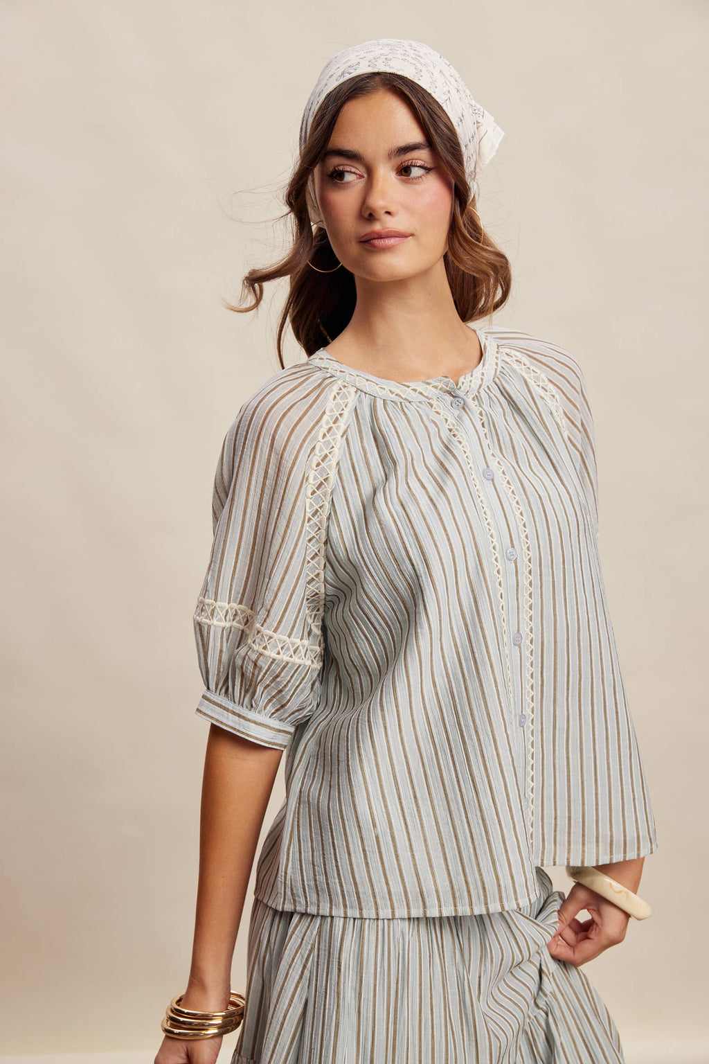 Striped Blouse with Embroidery Accents LT1462