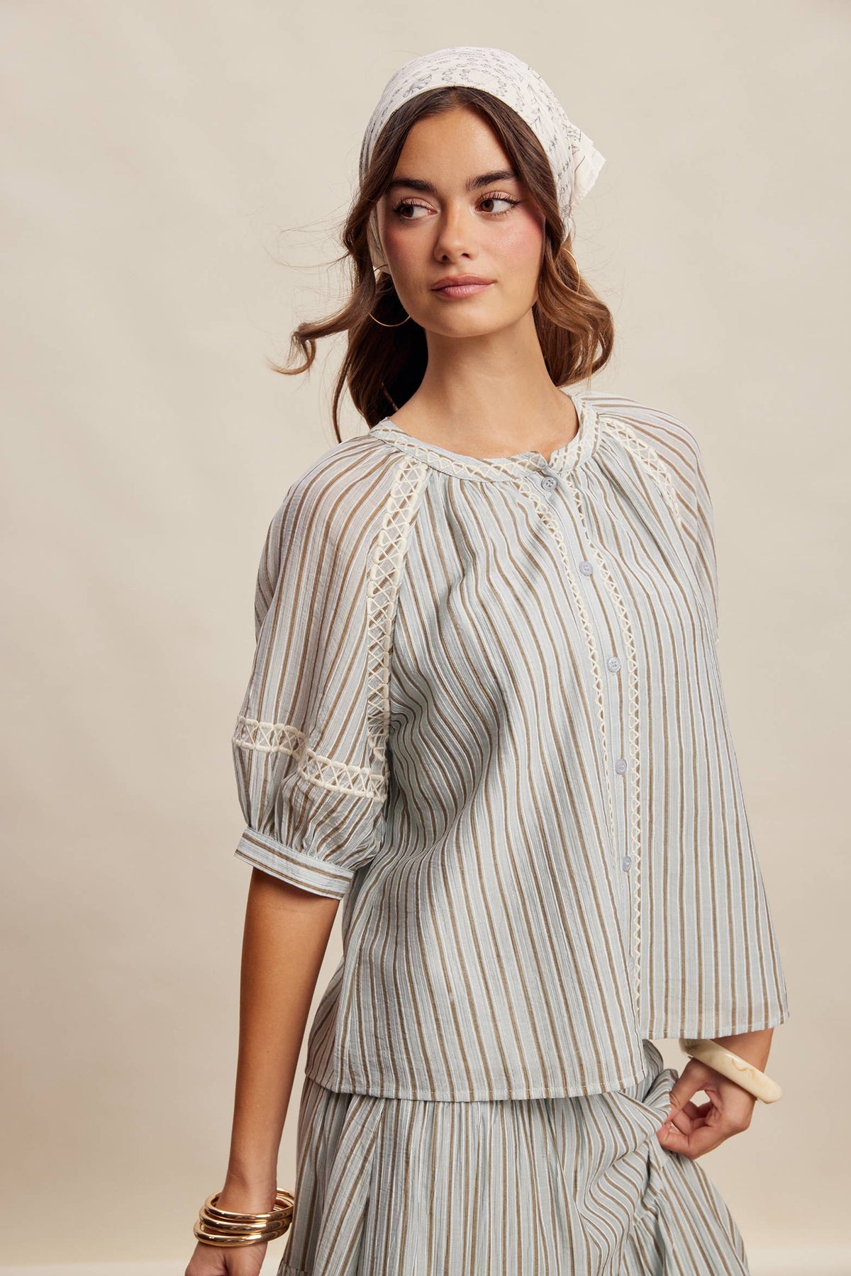 Striped Blouse with Embroidery Accents LT1462