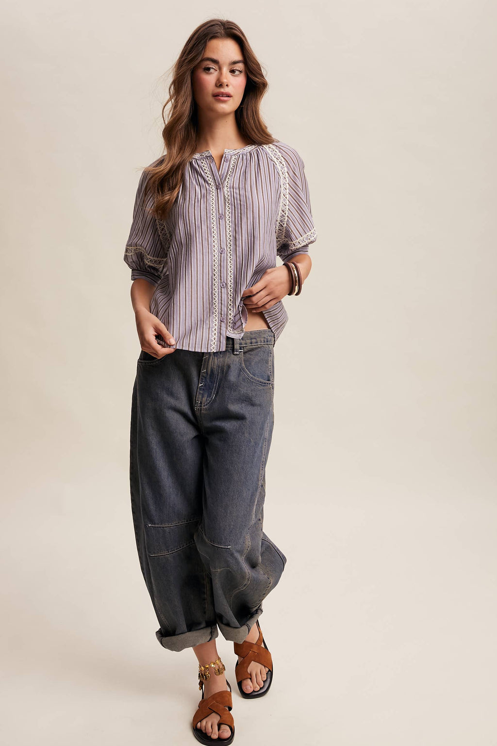 Striped Blouse with Embroidery Accents LT1462