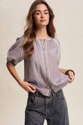 Striped Blouse with Embroidery Accents LT1462