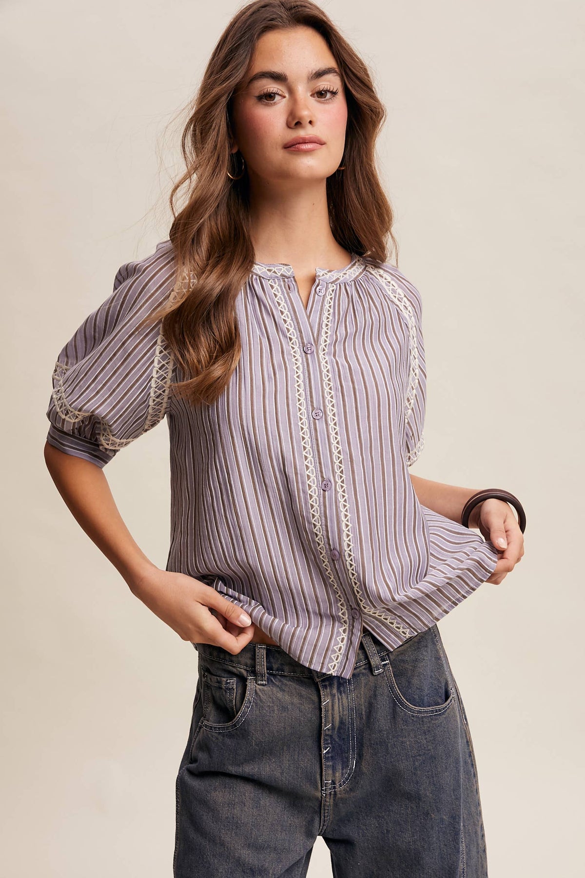 Striped Blouse with Embroidery Accents LT1462