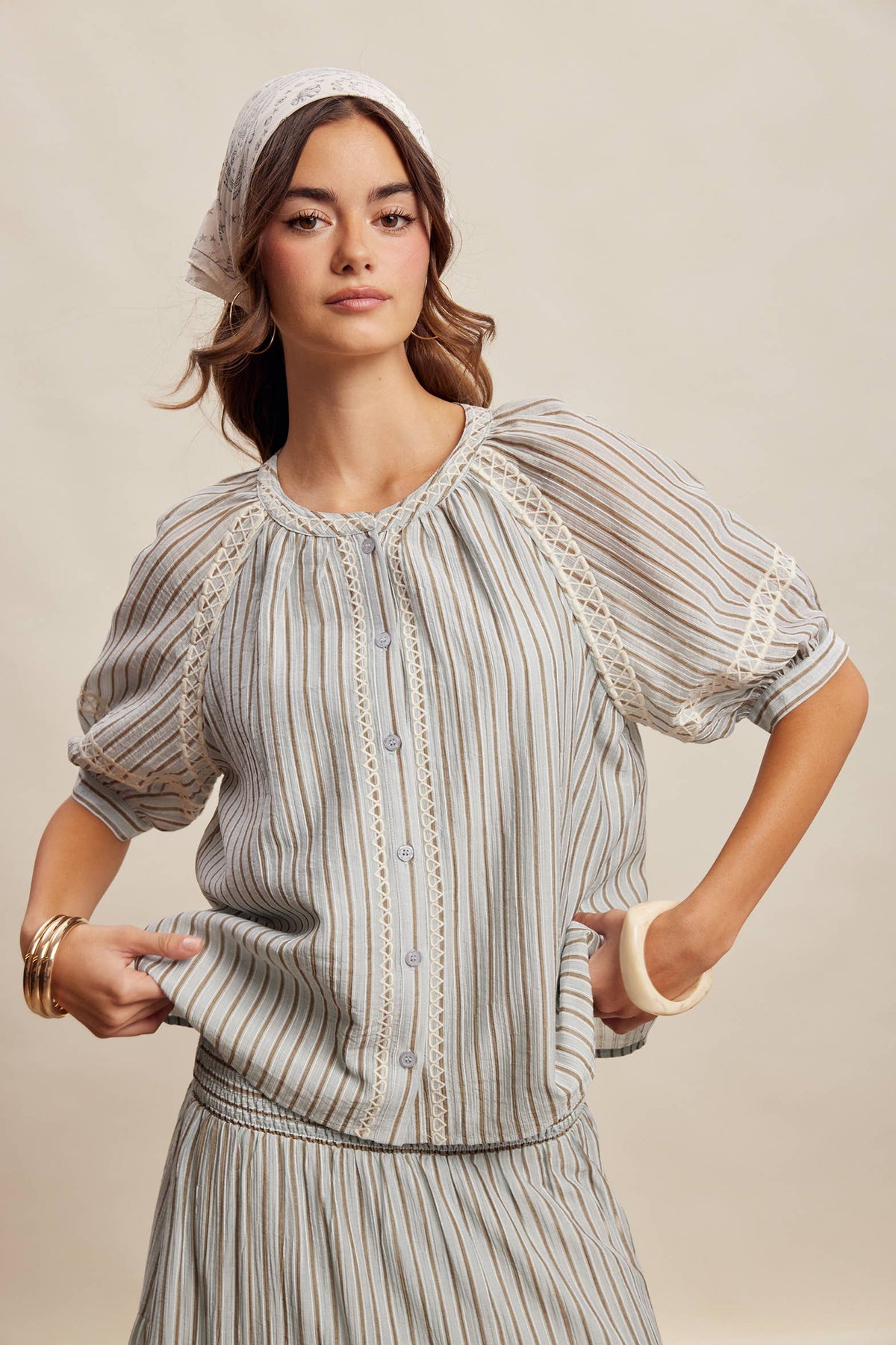 Striped Blouse with Embroidery Accents LT1462