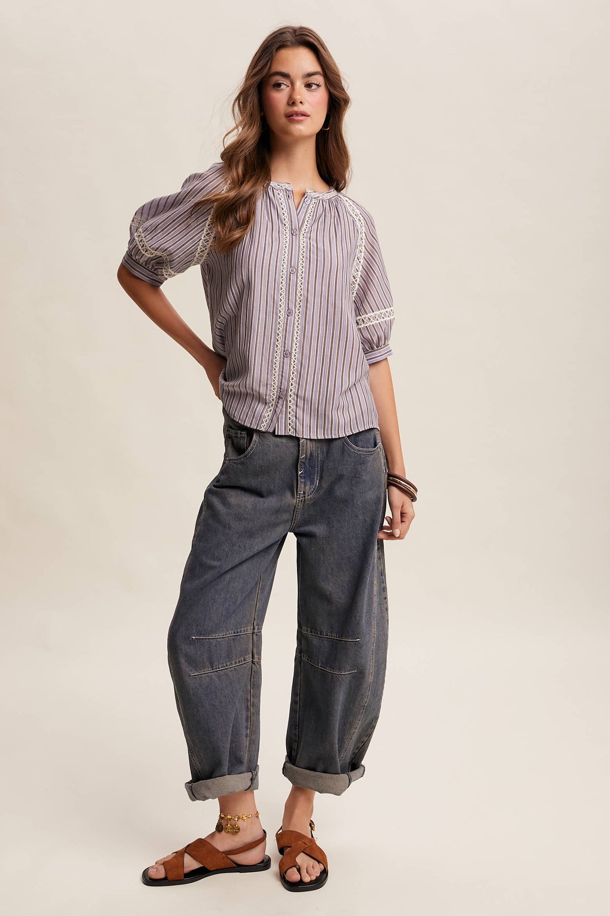 Striped Blouse with Embroidery Accents LT1462
