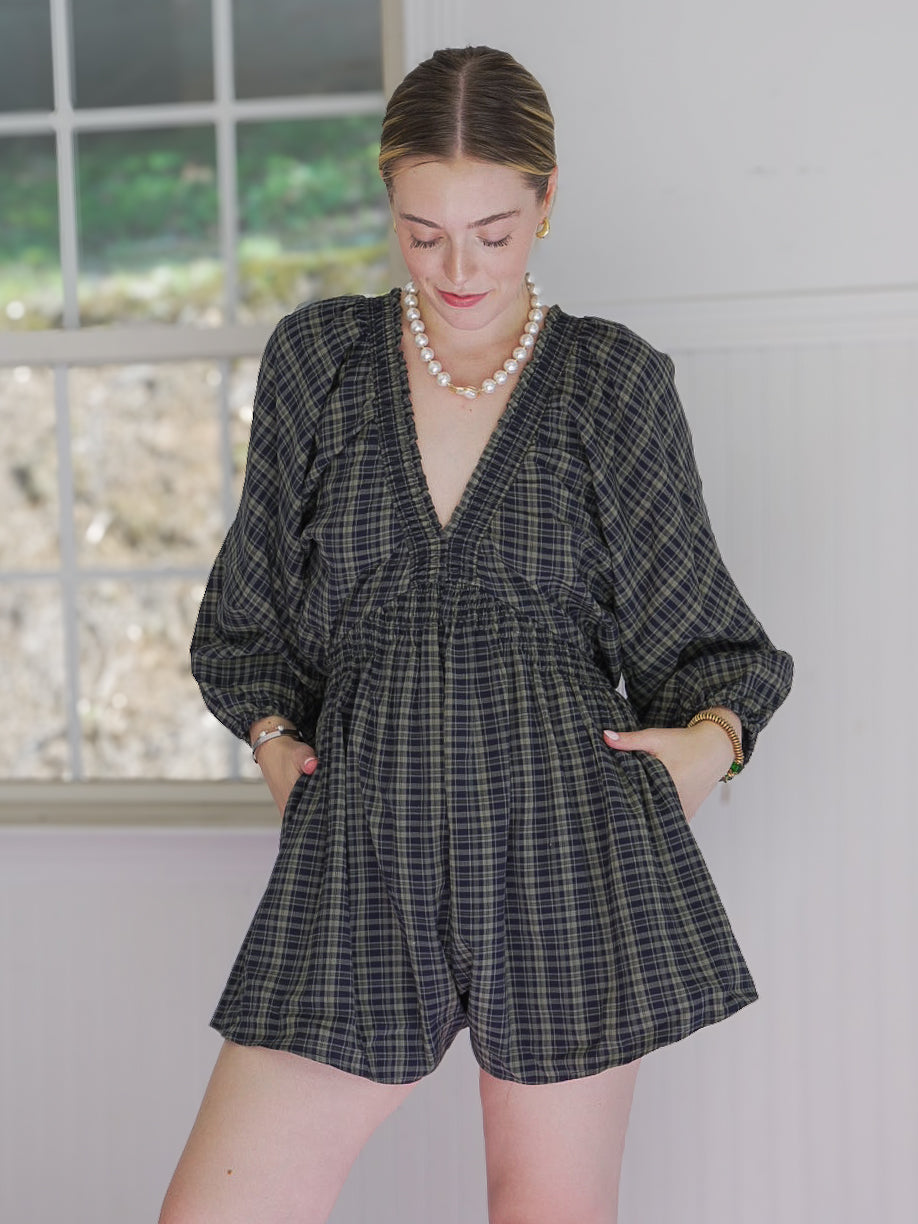 midnight moss plaid romper