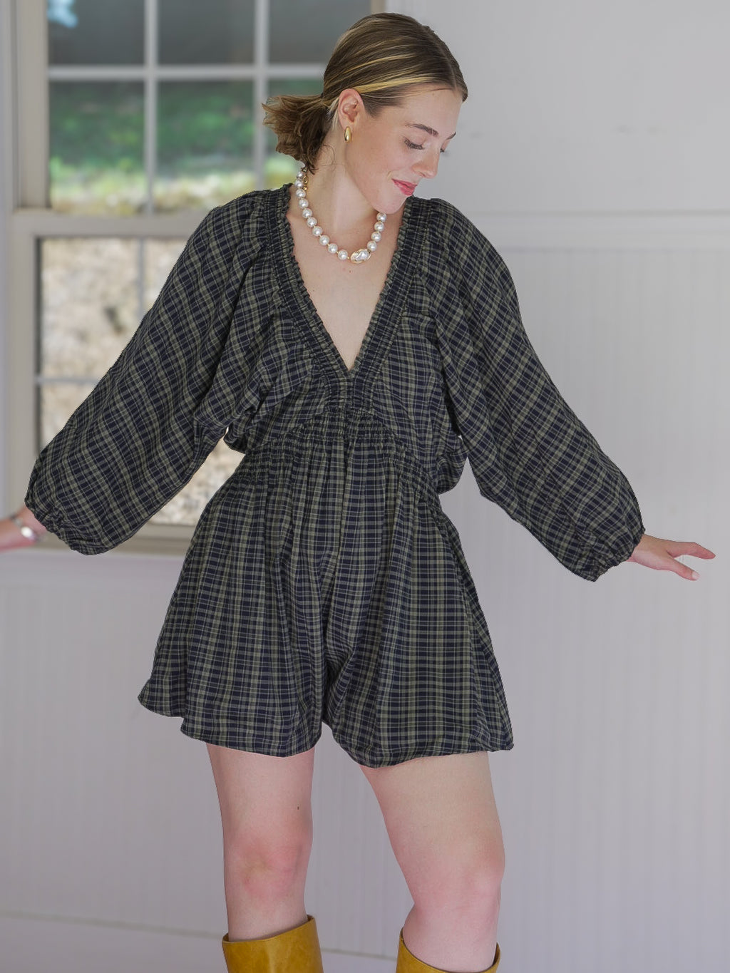 midnight moss plaid romper
