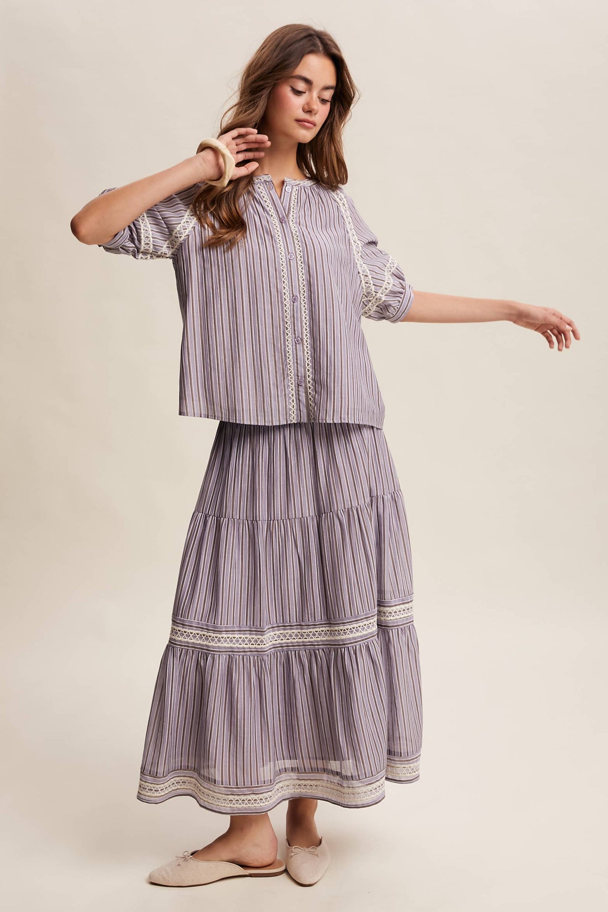 Striped Blouse with Embroidery Accents LT1462