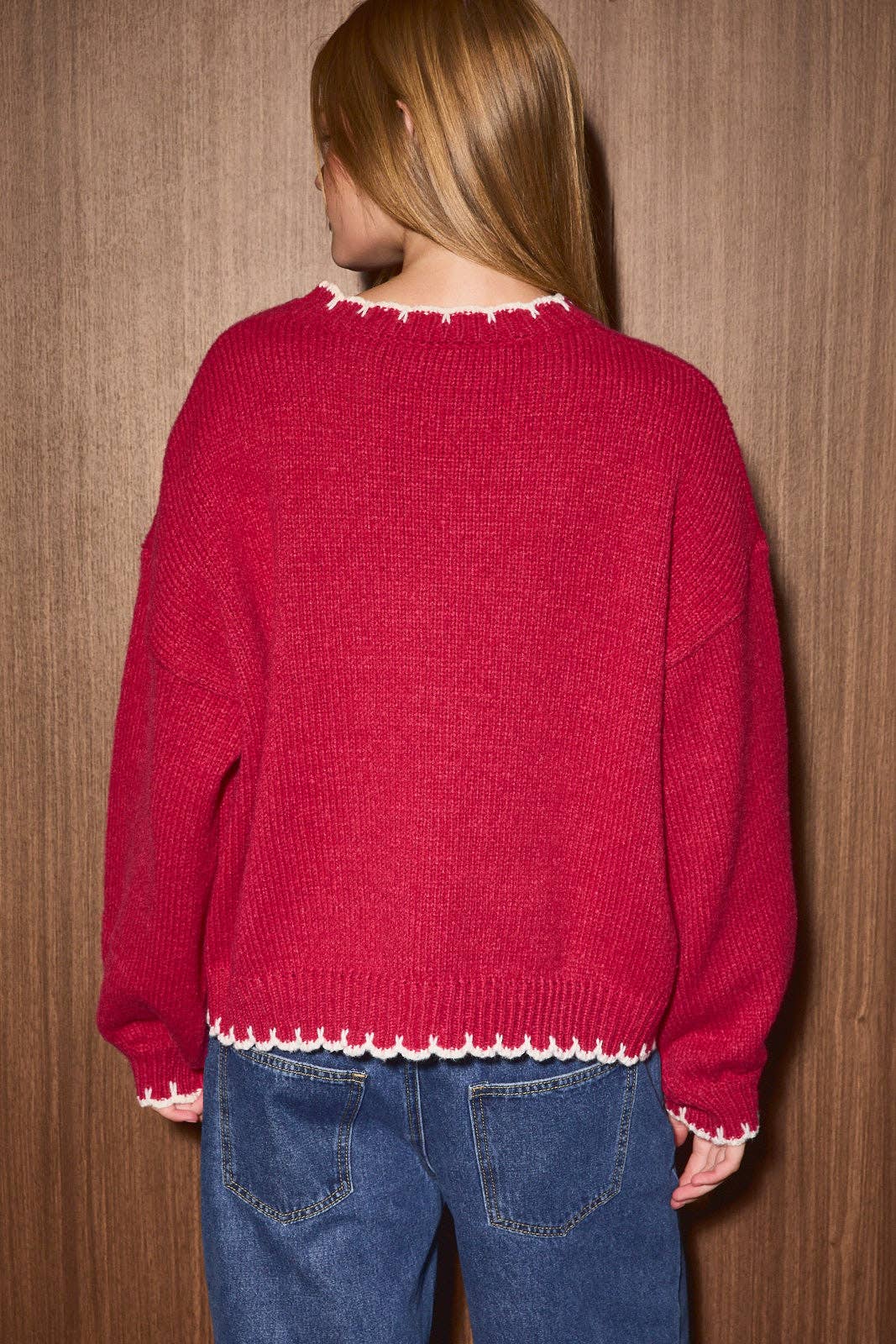 "CANDY CANE" STITCH LONG SLEEVE CREW NECK SWEATER