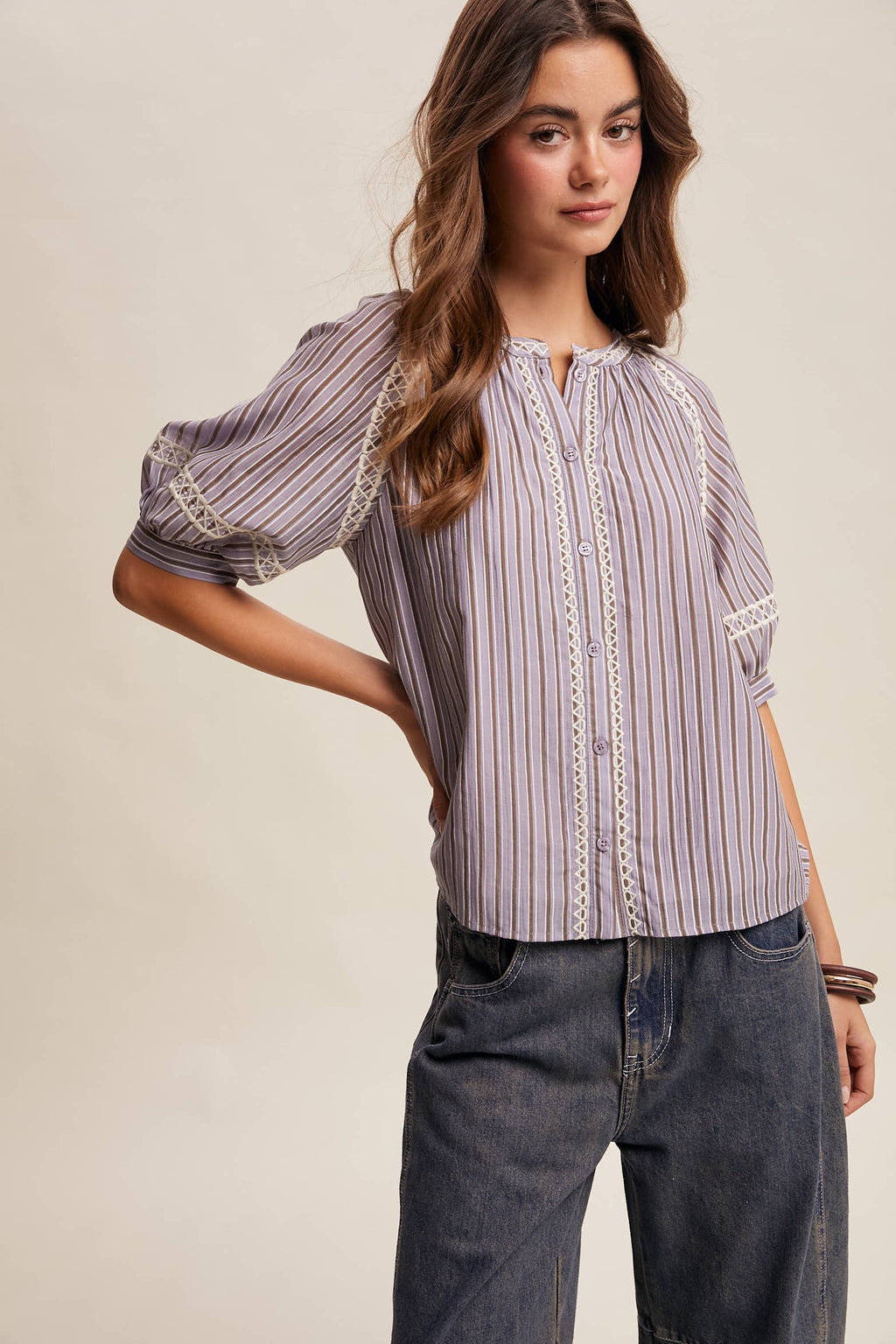 Striped Blouse with Embroidery Accents LT1462