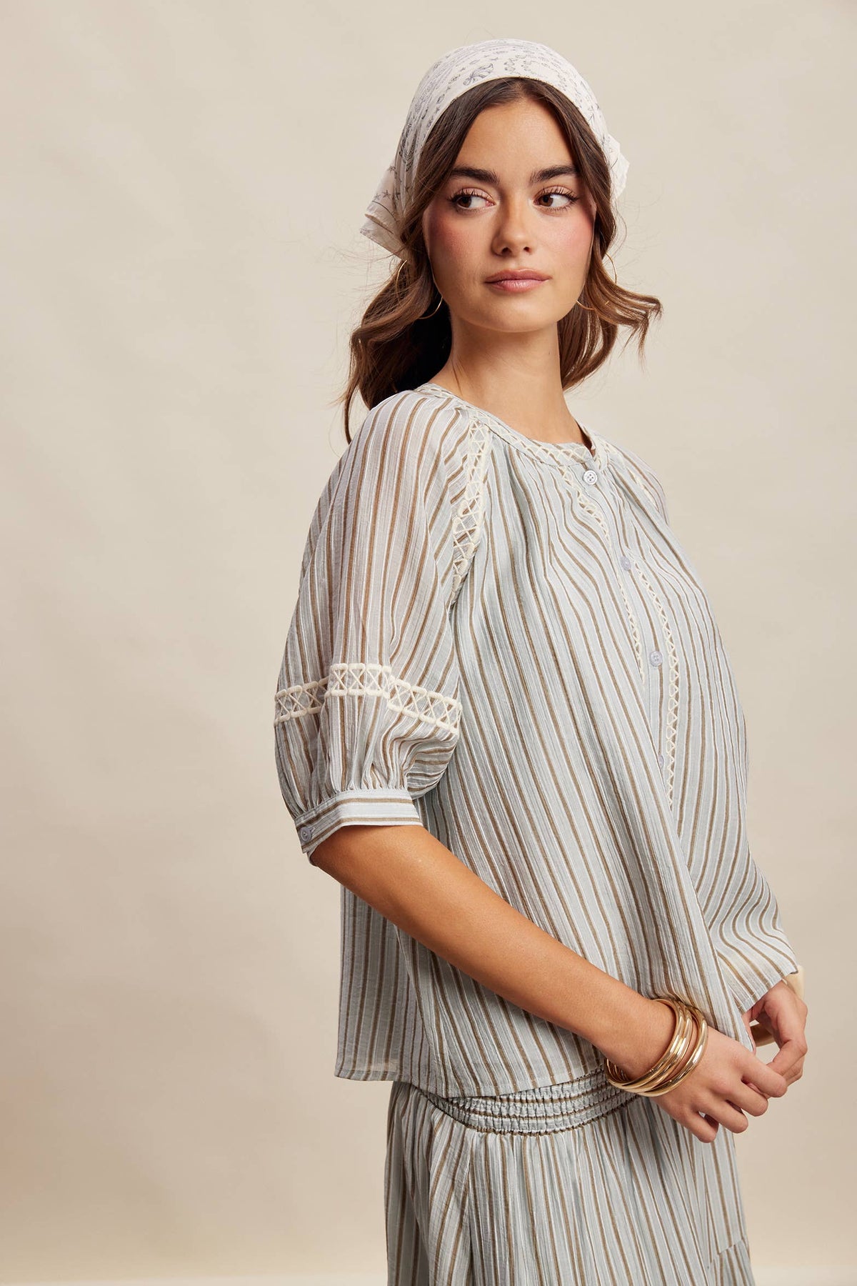 Striped Blouse with Embroidery Accents LT1462