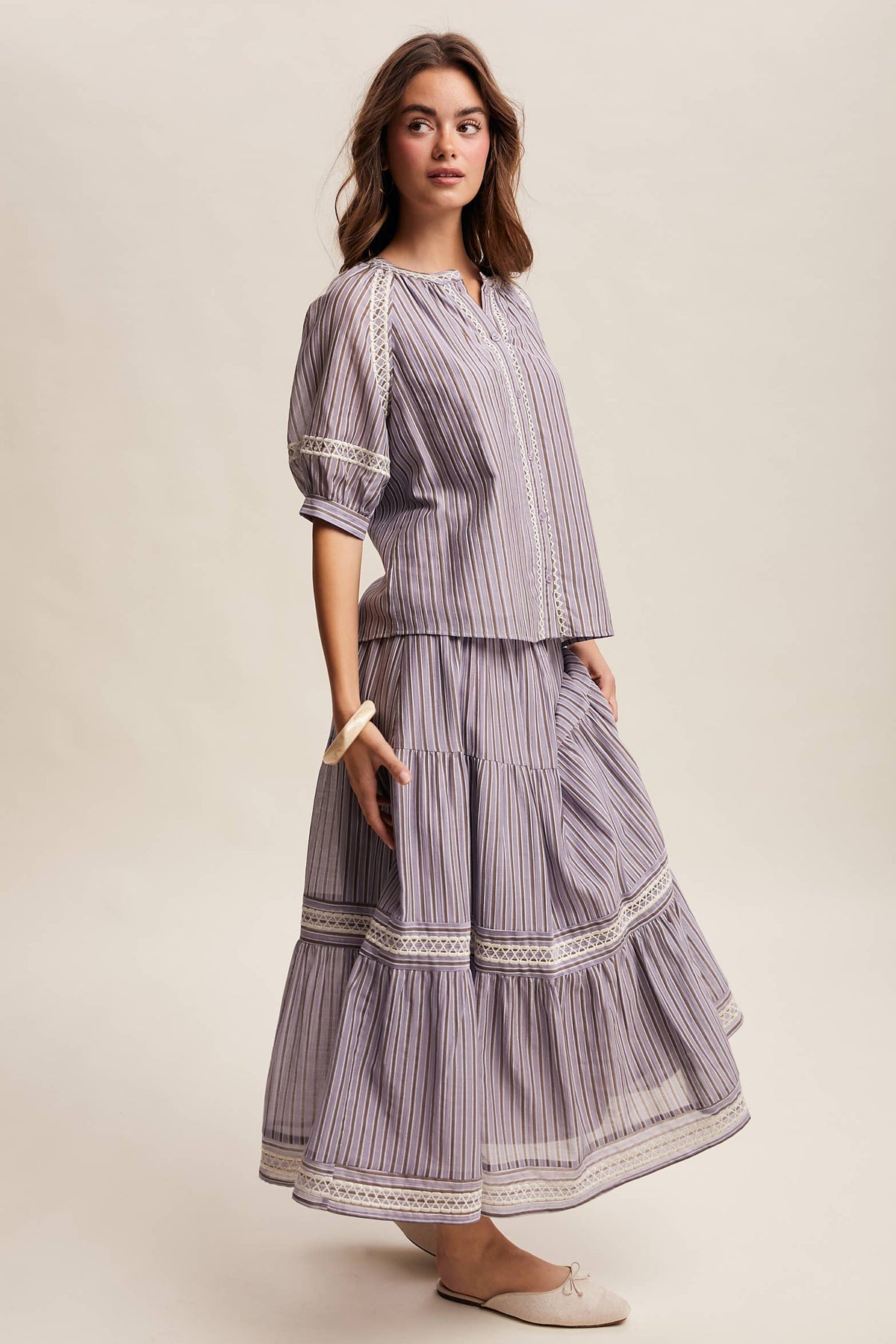 Striped Blouse with Embroidery Accents LT1462