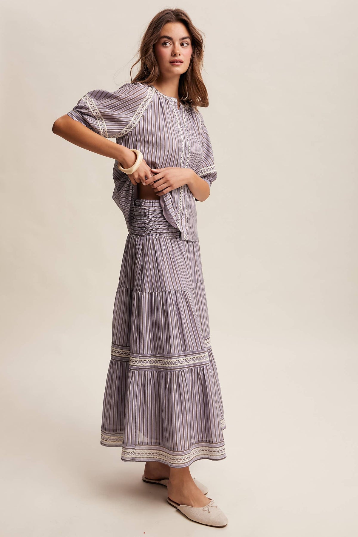 Striped Blouse with Embroidery Accents LT1462