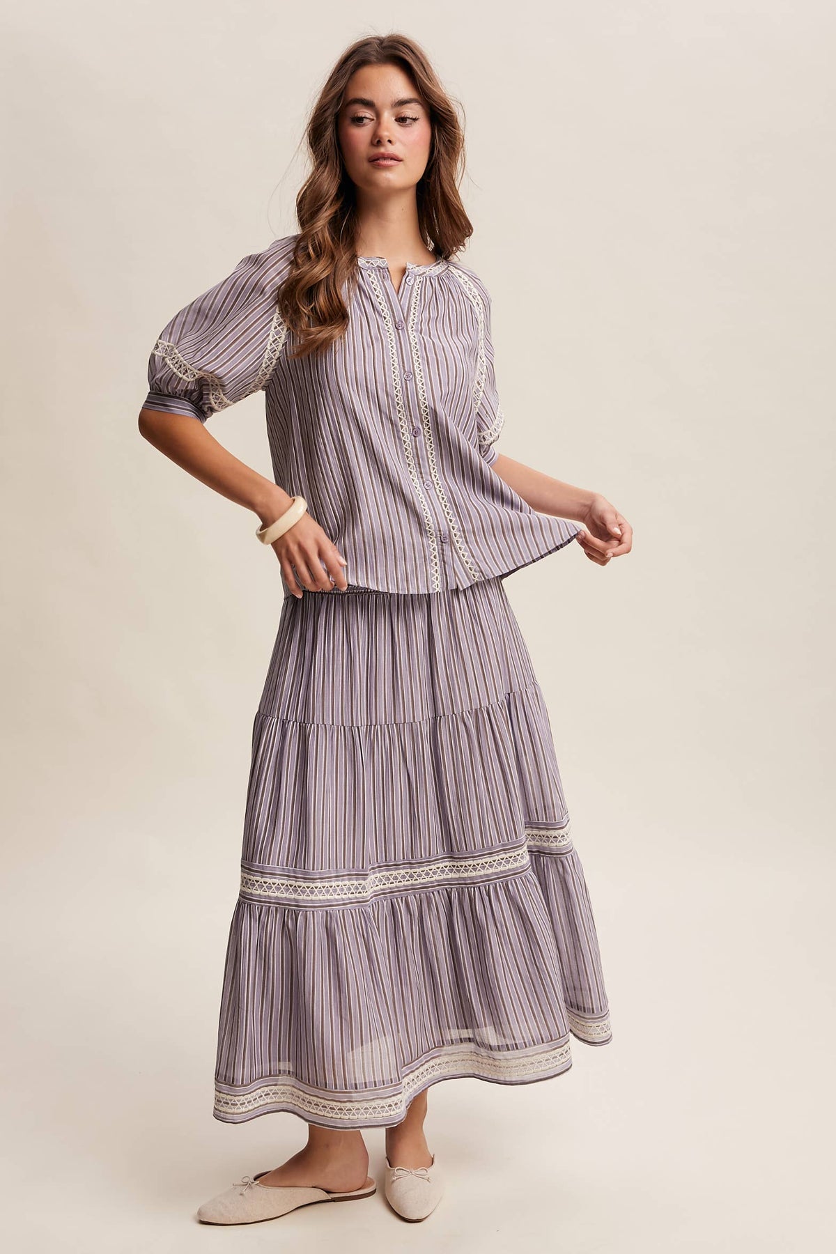 Striped Blouse with Embroidery Accents LT1462