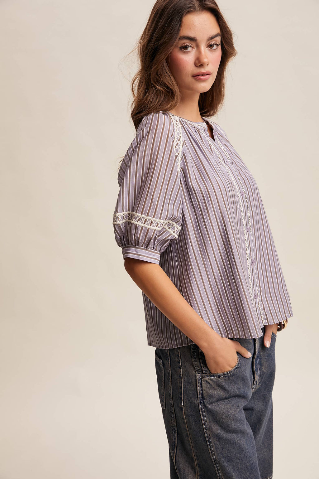 Striped Blouse with Embroidery Accents LT1462