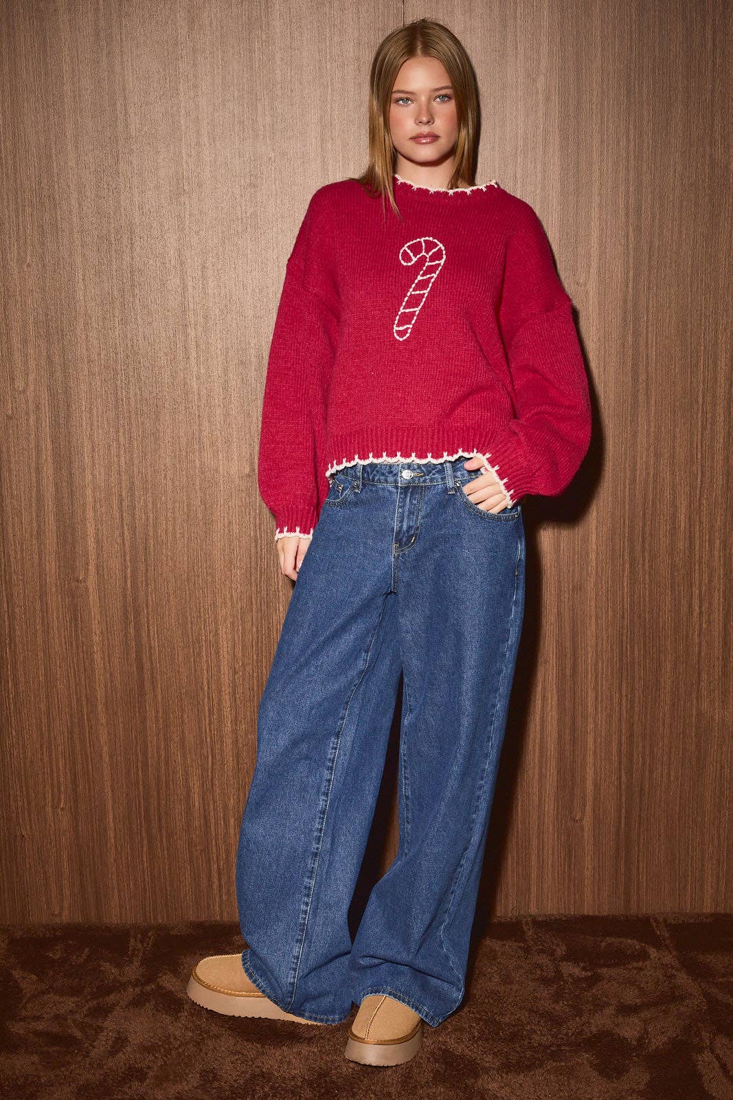 "CANDY CANE" STITCH LONG SLEEVE CREW NECK SWEATER