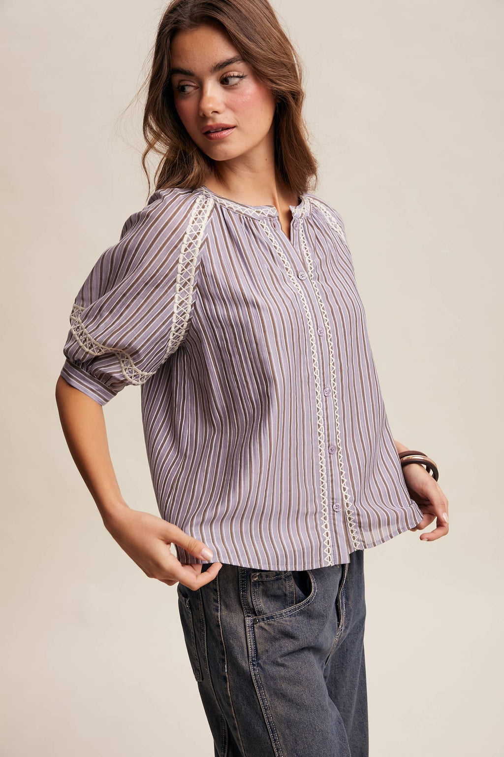 Striped Blouse with Embroidery Accents LT1462